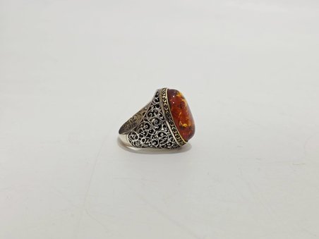 Kehribar Taş Motifli 925 Ayar Gümüş Yüzük 20,70 Gram