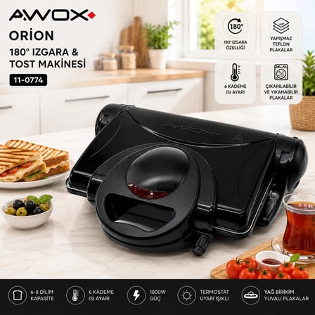 ORİON SİYAH TOASTER 8 DİLİM TOST MAKİNESİ - 180° IZGARA 1800W (5047)
