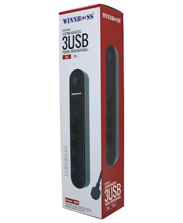 TERMAL AKIM KORUMALI 4LÜ PRİZ 3XUSB 2MT ANAHTARLI UZATMA KABLO SİYAH 10A - 2500W (5047)