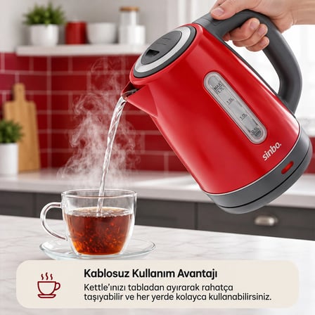 KIRMIZI ÇELİK KETTLE SU ISITICISI KABLOSUZ KULLANIM 1.8LT 360 DERECE DÖNEBİLME OTOMATİK KAPANMA SK-8