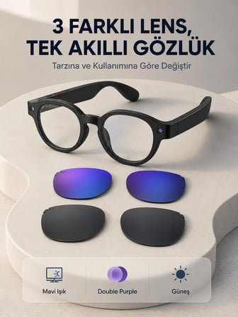 Siyah Akıllı Kamera Gözlüğü Fotoğraf Video Çekimli Yapay Zeka Destekli Bluetooth Çoklu Dil Çeviri 3 