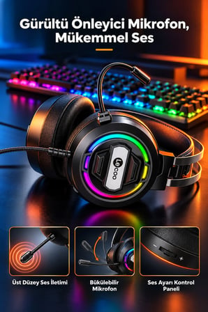 Kulak Üstü RGB Işıklı Kablolu Oyuncu Kulaklığı Stereo 50mm Mikrofonlu Gaming Headset 3.5mm Jack+USB 2.2m Kablo
