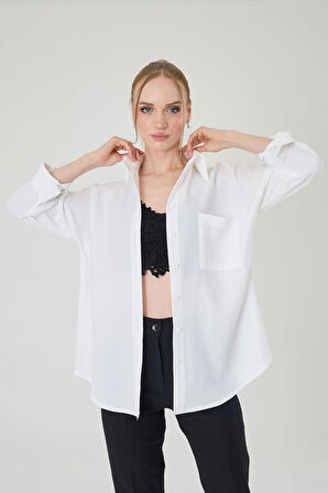 Tek Cepli Oversize Keten Gömlek- Beyaz