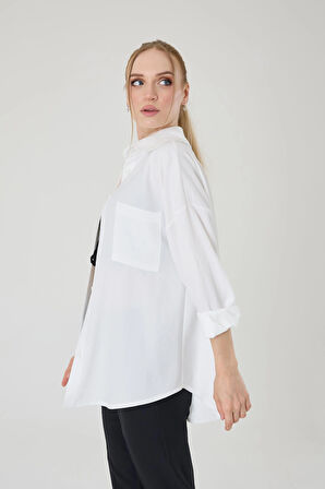 Tek Cepli Oversize Keten Gömlek- Beyaz