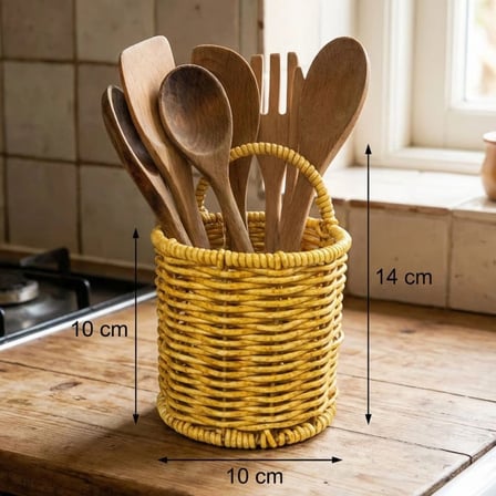 Yuvarlak Hasır Dokulu Plastik Rattan Kaşıklık &amp;amp; Çatallık – Askılı Kendiliğinden Tutmalı Çok Amaçlı Mutfak Organizeri (5047)