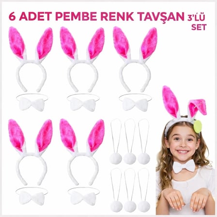 Şeker Pembesi Tavşan Sahne Seti 6&amp;apos;lı Set Taç Papyon Kuyruk (5047)