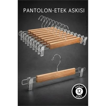 12 Adet Ahşap Pantolon Etek Askısı - Ayarlanabilir Gümüş Mandallı 36cm Organizer Set