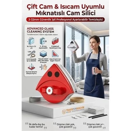 Ayarlanabilir Mıknatıslı Cam Silici, 3-32mm Çift Cam & Isıcam Uyumlu Güvenlik İpli Profesyonel Temizleyici  723206