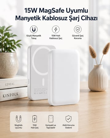 15W MagSafe Uyumlu Manyetik Kablosuz Powerbank 5000 mAh