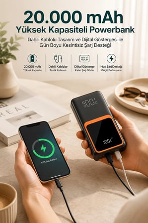 20.000 mAh Taşınabilir Şarj Cihazı Dijital Göstergeli Kablolu Powerbank