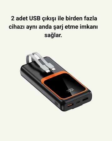 20.000 mAh Taşınabilir Şarj Cihazı Dijital Göstergeli Kablolu Powerbank