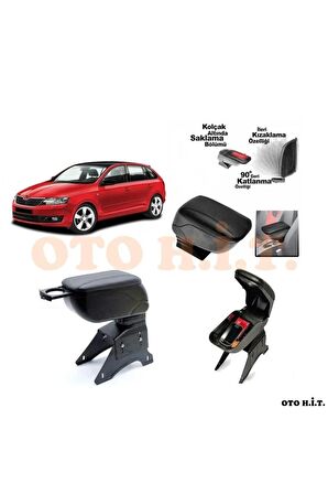 Skoda Fabia 15-19 Uyumlu Kol Dayama Ve Kolçak Sürgülü Bardaklıklı Ayarlanabilir Siyah Deri