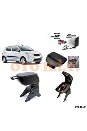 Kia Picanto 04-08 Uyumlu Kol Dayama Ve Kolçak Sürgülü Bardaklıklı Ayarlanabilir Siyah Deri