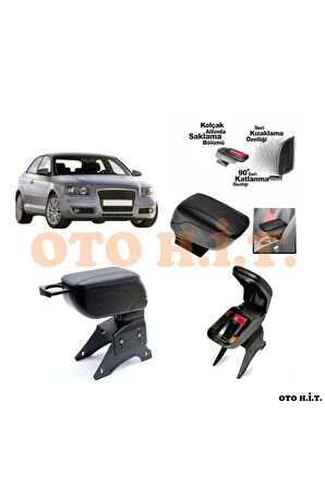 Audi A3 04-08 Uyumlu Kol Dayama Ve Kolçak Sürgülü Bardaklıklı Ayarlanabilir Siyah Deri