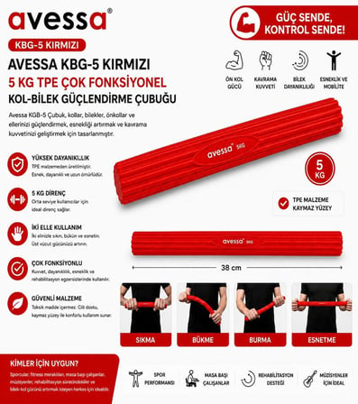 Özel Seri Spor Aleti KBG-5 Kırmızı 5 kg Tpe Çok Fonksiyonlu Kol-Bilek Güçlendirme Çubuğu