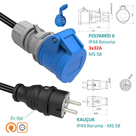 Hgsşarj 20M - 3X32A 220V ile Çalışan Cihazınızı, 220V Ev Tipi Prize Bağlar. Elektrikli Araç Şarj İstasyonu Dönüştürücü Adaptör