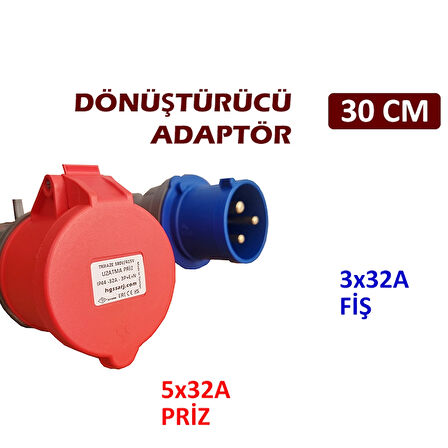 Hgsşarj 5X32A Priz(Kapaklı), 3X32A Fiş Dönüştürücü Adaptör. 3x6 Kablo Kalınlığı, Kablo Prysmian Marka