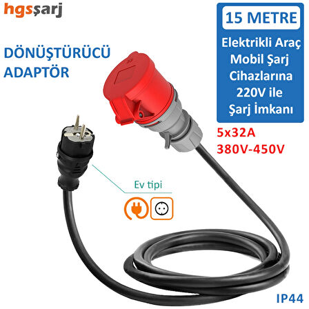 Hgsşarj 15M, 5X32A 380V ile Çalışan Cihazınızı, 220V Ev Tipi Prize Bağlar. Elektrikli Araç Şarj İstasyonu Dönüştürücü Adaptör