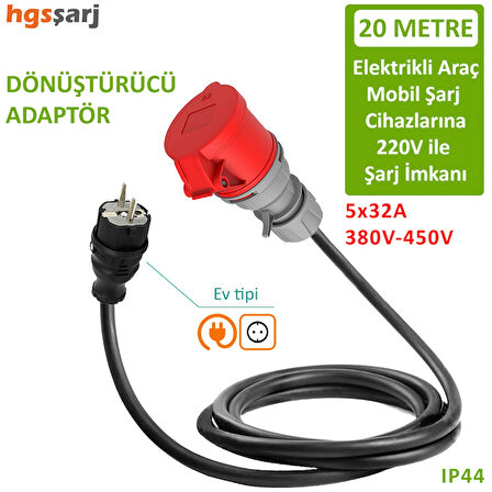 Hgsşarj 20 Metre - 5X32A 380V ile Çalışan Cihazınızı, 220V Ev Tipi Prize Bağlar. Elektrikli Araç Şarj İstasyonu Dönüştürücü Adaptör