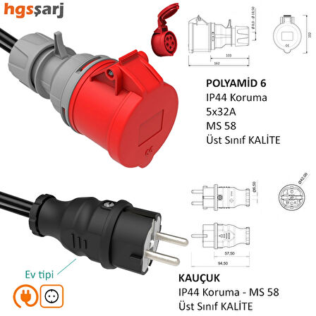 Hgsşarj 20 Metre - 5X32A 380V ile Çalışan Cihazınızı, 220V Ev Tipi Prize Bağlar. Elektrikli Araç Şarj İstasyonu Dönüştürücü Adaptör