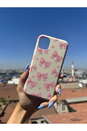 Huawei P40 Lite Uyumlu Pembe Kurdeleler Tasarımlı Telefon Kılıfı - Krem