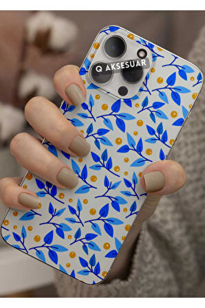 Huawei P40 Pro Uyumlu Mavi Yapraklar Tasarımlı Şeffaf Telefon Kılıfı Kapak Case