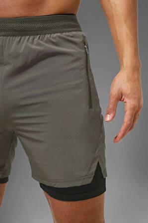 Haki Unisex Gym Ve Fitness Astarlı Taytlı Şort