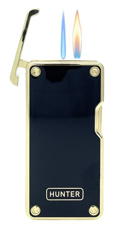 Hunter Lüks Metal Gövdeli, Şarjlı USB ve Gazlı Çift Alevli Çakmak - Özel Hediyelik Kutulu (Siyah - Gold)