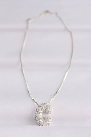 316L Çelik Zincirli Zirkon Taşlı C Harfli Silver Renk Bubble Kolye 5886