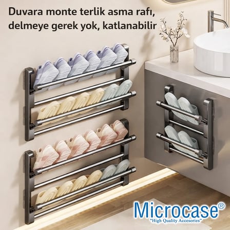 Microcase 2 Bölmeli Metal Duvara Monte Katlanabilir Terlik Ayakkabı Standı 50 CM 2 ADET AL5463 - gri