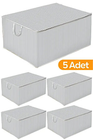 (5 ADET) Alas Gri Çizgili Fermuarlı Maxi Boy Hurç Yastık-yorgan-kıyafet Düzenleyici 75*40*40 Cm