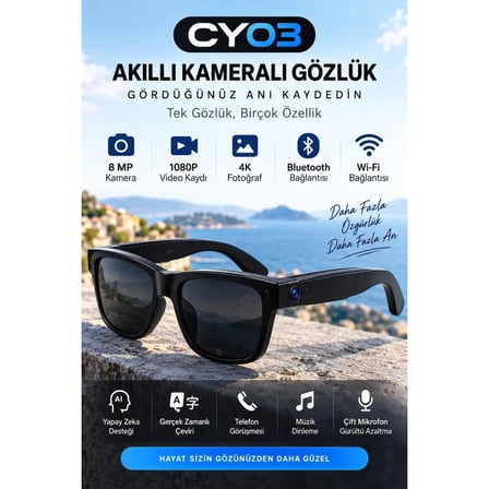 CY03 Akıllı Kameralı Gözlük 8 MP 1080P Video Kayıt Bluetooth WiFi AI Çeviri Destekli