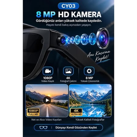CY03 Akıllı Kameralı Gözlük 8 MP 1080P Video Kayıt Bluetooth WiFi AI Çeviri Destekli