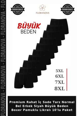 Premium Rahat İç Sade Tarz Normal Bel Erkek Siyah Büyük Beden Boxer Pamuklu Likralı 10'lu Paket