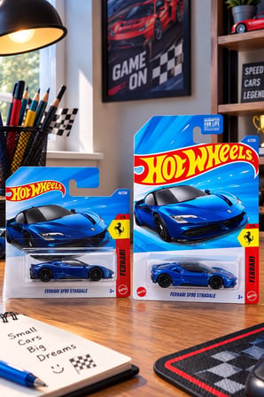 Ferrari SF90 Stradale Mavi Uzun ve Kısa Kart 2'li Set Oyuncak Araba