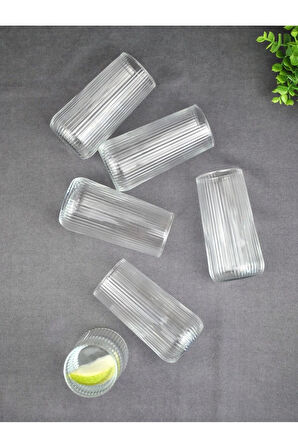 6'Lı Cam Meşrubat Bardağı Uzun Çizgili Su Bardak 350 Ml