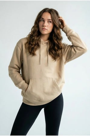 Unisex Rahat Kesim Pamuklu Yumuşak Dokulu İçi Polarlı Basic Desenli Kapüşonlu Sweatshirt Bej / M