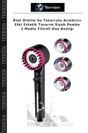 Özel Üretim Su Tasarrufu Arındırıcı Etki Estetik Tasarım Siyah Pembe 3 Modlu Filtreli Duş Başlığı