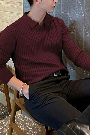 Erkek Polo Yaka Fitilli Oversize Triko Kazak