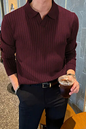 Erkek Polo Yaka Fitilli Oversize Triko Kazak