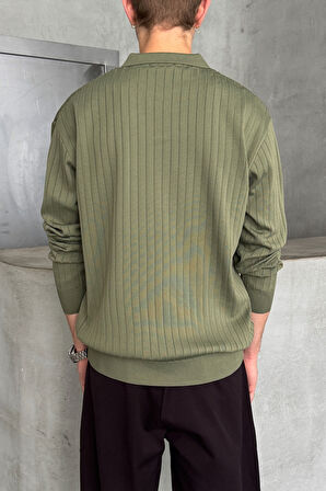 Erkek Polo Yaka Fitilli Oversize Triko Kazak