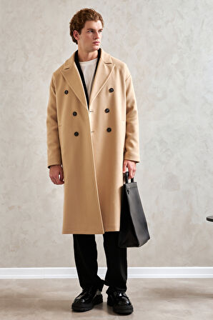 Erkek Oversize Astarlı Uzun Kaşe Kaban 