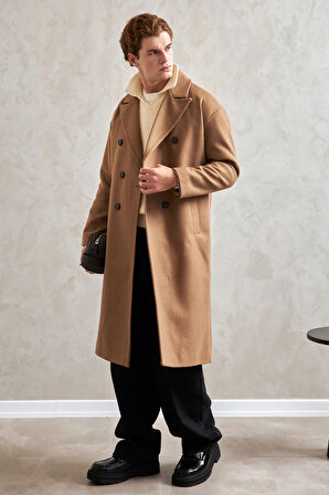 Erkek Oversize Astarlı Uzun Kaşe Kaban 