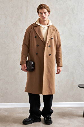 Erkek Oversize Astarlı Uzun Kaşe Kaban 