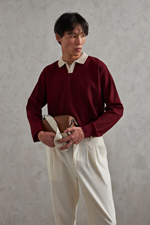 Erkek Polo Yaka Nopeli Oversize Triko Kazak