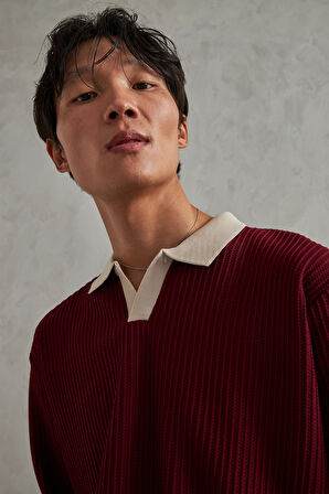 Erkek Polo Yaka Nopeli Oversize Triko Kazak