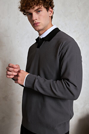 Erkek Polo Yaka Nopeli Oversize Triko Kazak