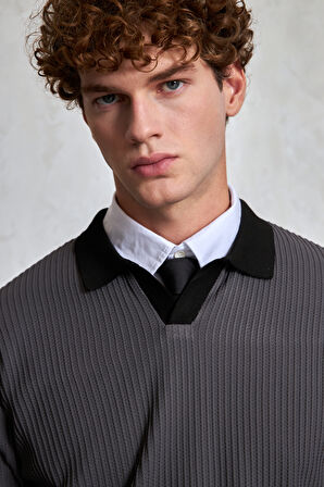 Erkek Polo Yaka Nopeli Oversize Triko Kazak