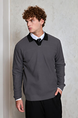 Erkek Polo Yaka Nopeli Oversize Triko Kazak