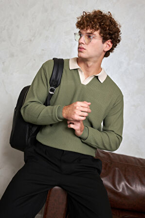 Erkek Polo Yaka Nopeli Oversize Triko Kazak